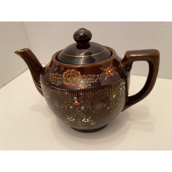 Vintage Moriage Redware Brown Oriental Tea Pot, Hand Painted Beaded - Picture 4 of 10